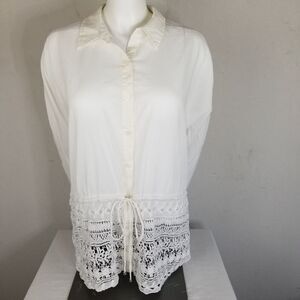 Chico's Lace Bottom Button Front Collared White‎ Blouse